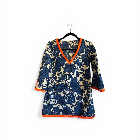 Blue Floral Tunic Orange Trim Light Weight 100% Cotton US Size 4 Beach Cover Up - Picture 2 of 15